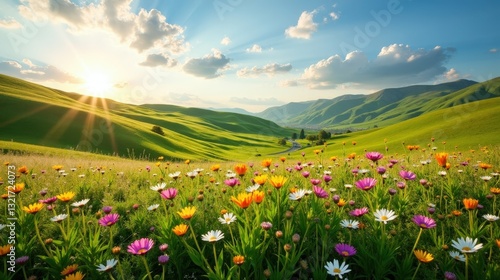 Bright spring meadow bursting with vibrant wildflowers, rolling green hills stretching under the warm daylight, creating a serene and colorful natural scene.