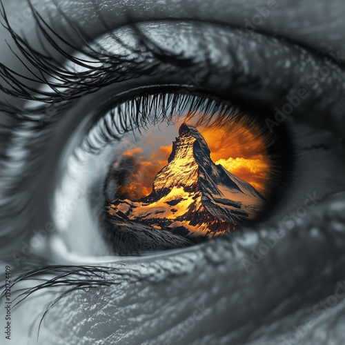 Close-up of human eye with detailed eyelashes, reflecting snowy mountain bathed in golden sunset within the pupil. Artistic fusion of natural landscape and eye imagery. photo