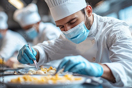 Focused chef in mask and gloves meticulously plating food in a professional kitchen. photo