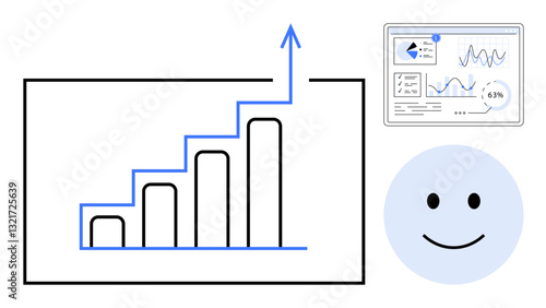 Bar chart with upward arrow symbolizing growth, analytics dashboard for data insights, and smiling face denoting satisfaction. Ideal for success, performance, progress, statistics, analysis