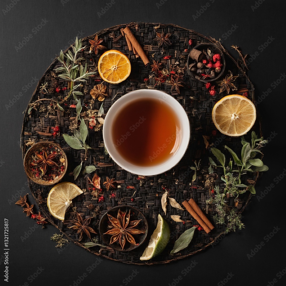 Cup of aromatic tea with spices, herbs, dried fruit orange slices. Top view. Generated AI