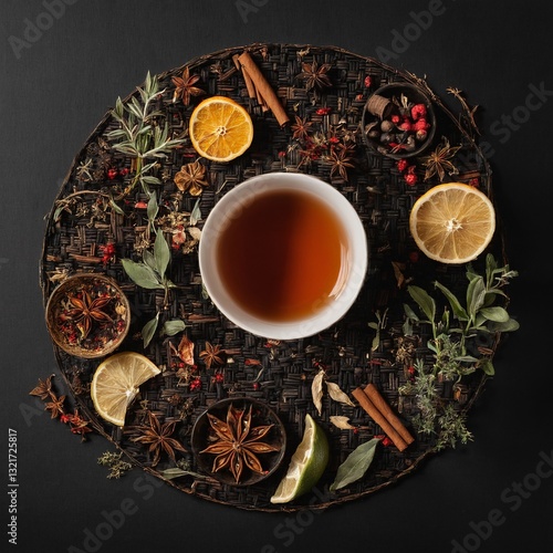 Obraz na płótnie Cup of aromatic tea with spices, herbs, dried fruit orange slices. Top view. Generated AI w salonie