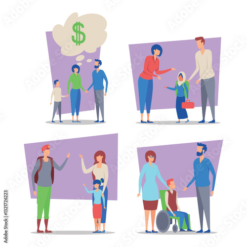 Collection of illustrations showing various family groupings engaging in supportive interactions, including financial discussion, helping those in need, and inclusive family support