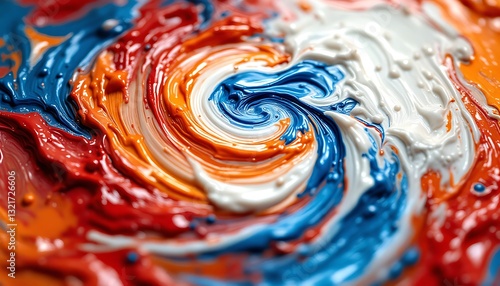 Abstract Swirl of Red, Orange, Blue, and White Paint Texture