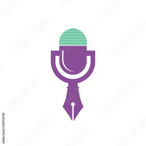 Pen microphone conference podcast radio logo design. Education podcast vector logo design.