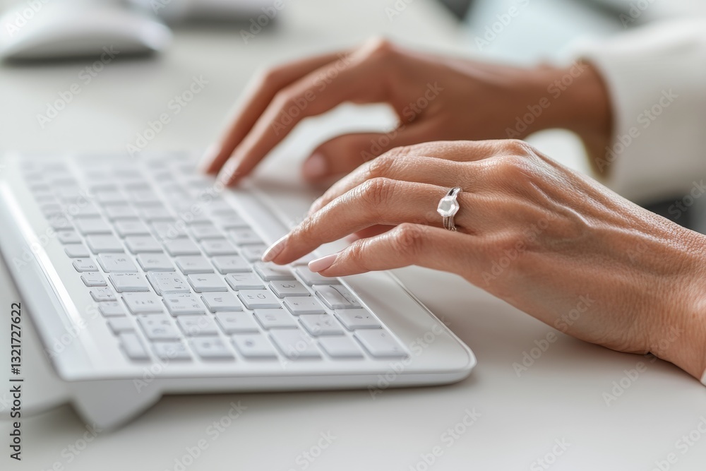 Close up of a businesswoman s hands typing on a white keyboard in a modern office setting Close up of a businesswoman s hands typing on a white keyboard in a modern office setting
