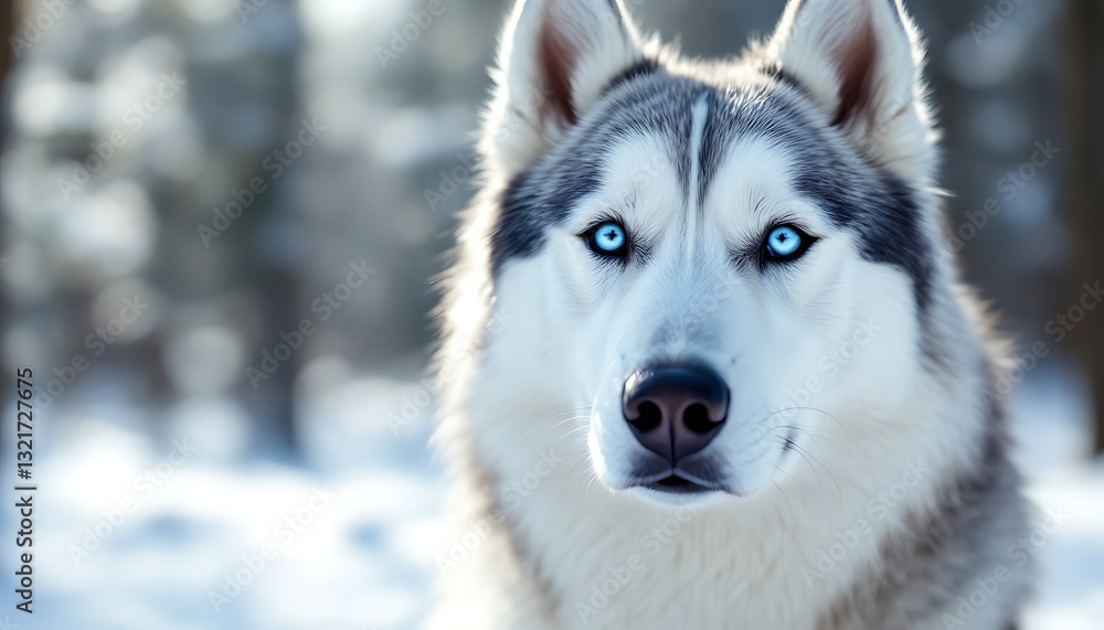 Husky Close-up with Striking Blue Eyes in a Winter Forest Scene Husky Close-up with Striking Blue Eyes in a Winter Forest Scene