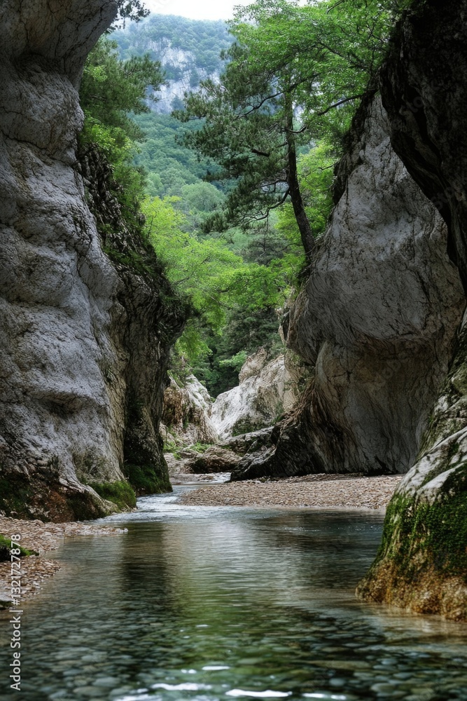 A serene scene of a river flowing through a canyon surrounded by a dense forest A serene scene of a river flowing through a canyon surrounded by a dense forest