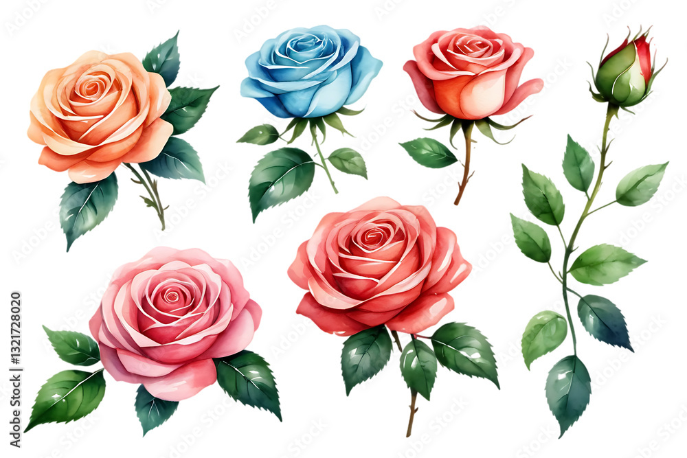 Watercolor Roses Illustration with Green Leaves and Stem on Black Background Watercolor Roses Illustration with Green Leaves and Stem on Black Background