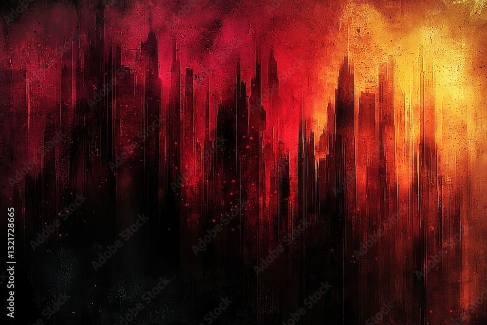 Apocalyptic city skyline engulfed in fiery red and orange hues. Apocalyptic city skyline engulfed in fiery red and orange hues.