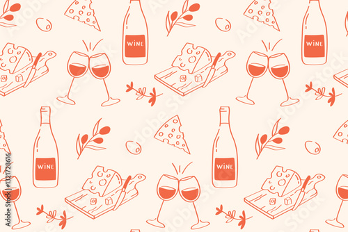Seamless pattern with wine and snack. Glass of wine, cheese, rosemary and olive branch. Doodle style sketch Background for wallpaper or package packaging