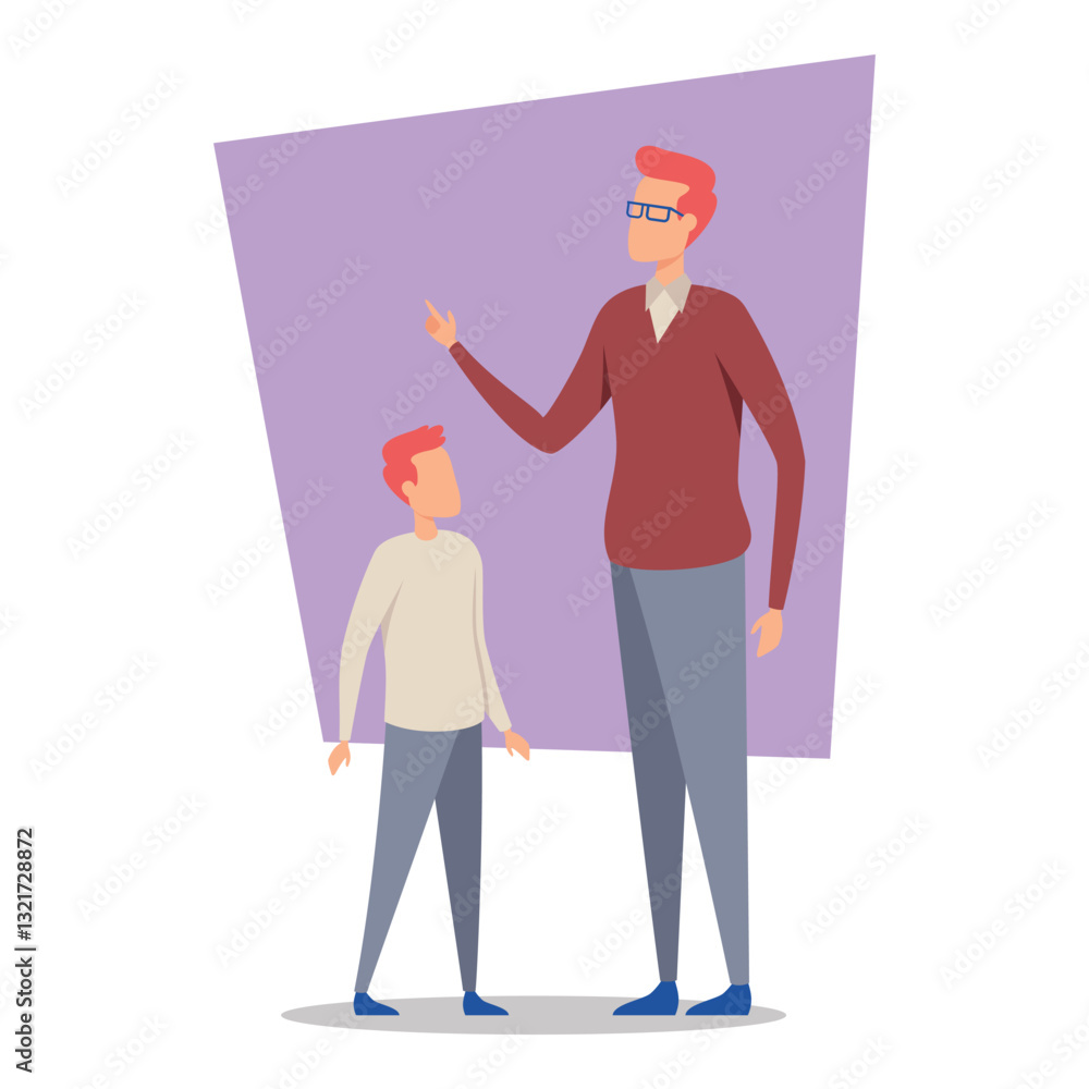 Tall father in red sweater talking to his young son in sweater. They standing indoors against colorful background Tall father in red sweater talking to his young son in sweater. They standing indoors against colorful background