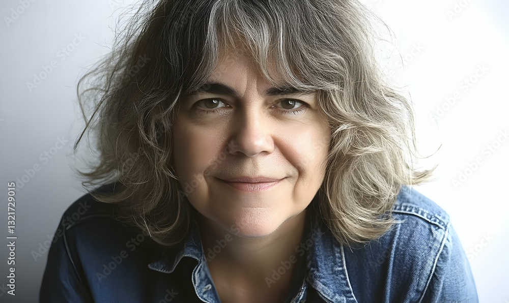 Close-up portrait of a mature woman with graying wavy hair, wearing a denim shirt, displaying a calm and thoughtful expression. Close-up portrait of a mature woman with graying wavy hair, wearing a denim shirt, displaying a calm and thoughtful expression.