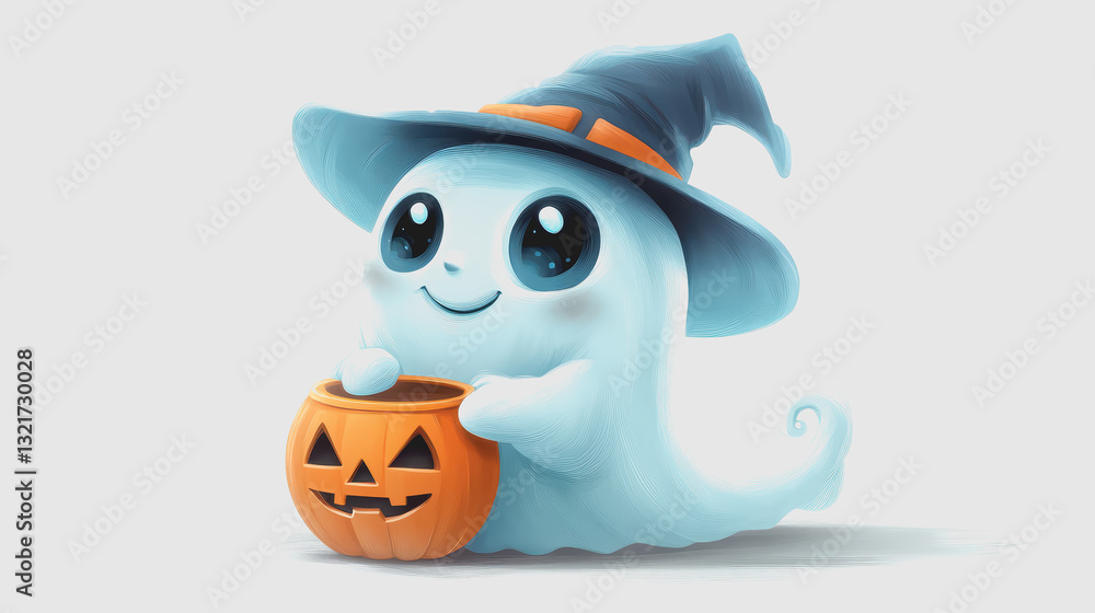 A cute little ghost wearing a witch's hat, holding a small pumpkin bucket, smiling mischievously. A cute little ghost wearing a witch's hat, holding a small pumpkin bucket, smiling mischievously.