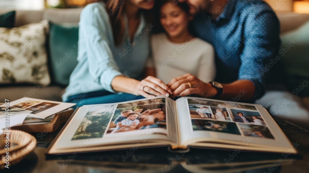 Fototapeta premium Happy family looking at photo album together on sofa.