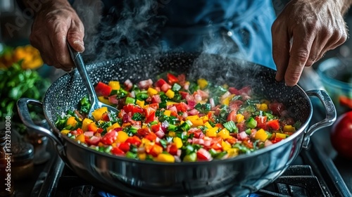 Close-up of chef's hands stirring colorful saut?ed vegetables in a large pan. photo