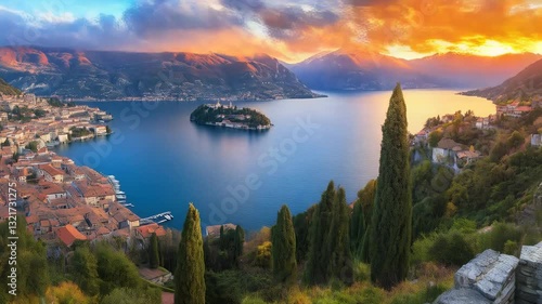 Stunning sunset view over Lake Como with vibrant flowers and dramatic mountain backdrop in Italy