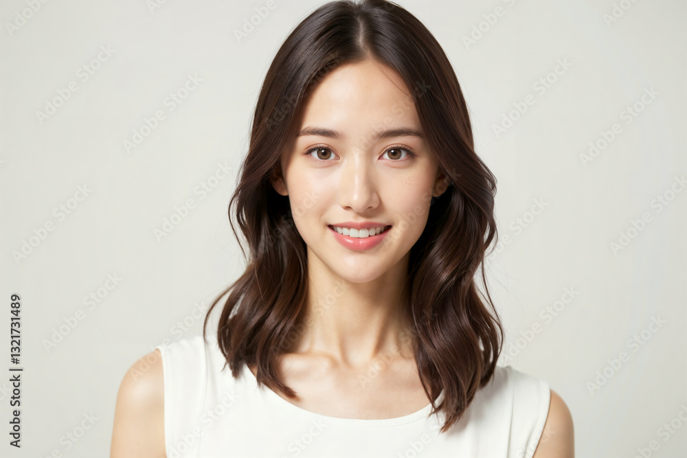 A woman with long brown hair is smiling and looking at the camera A woman with long brown hair is smiling and looking at the camera