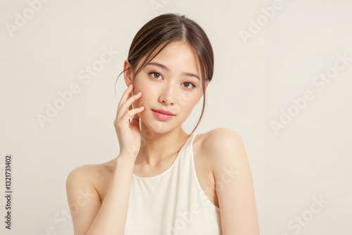 A woman with a white tank top and brown hair
