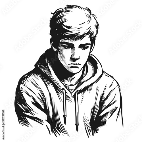 A sad boy standing by a window sadness boy black and white line art drawing ink sketch sad vector hand drawn illustration background