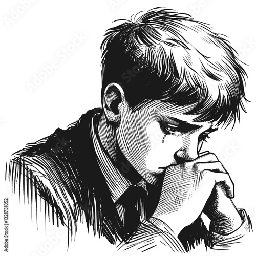 A young boy with a frown sadness boy black and white line art drawing ink sketch sad vector hand drawn illustration background