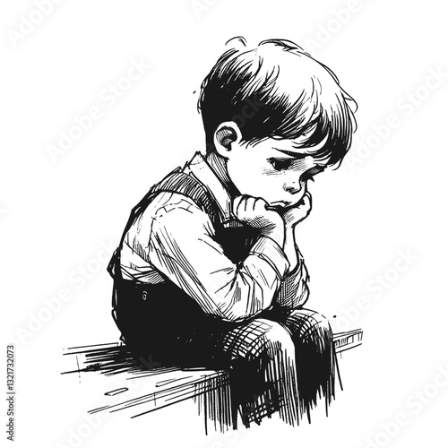 A boy with a pensive expression sadness little boy black and white line art drawing ink sketch sad vector hand drawn illustration background