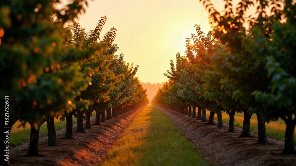 Naklejka premium Spice orchard cloaked in dusky shades, warm amber tones blending with deep twilight. The air feels thick with the aroma of exotic spices, enhancing the moody atmosphere.