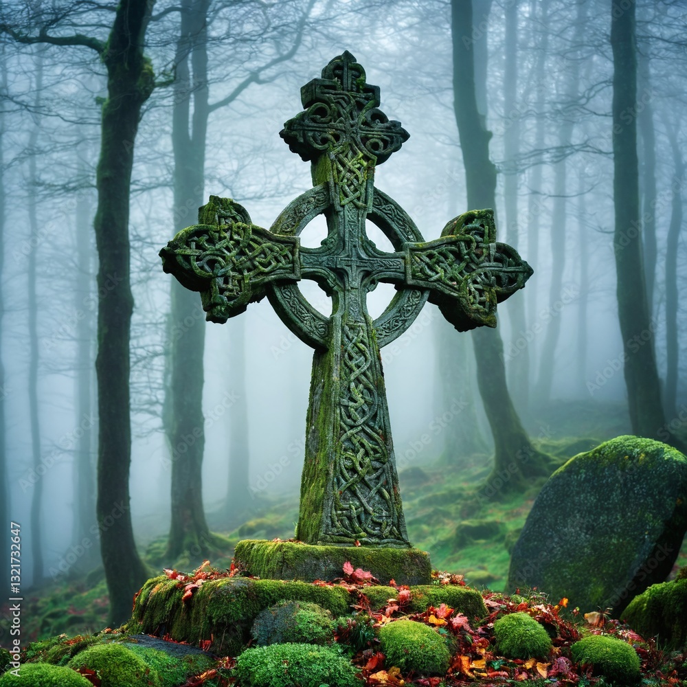 Ancient Celtic gravesite with unmarked gravestones in the middle of a forest in rural Scotland. Generative AI
