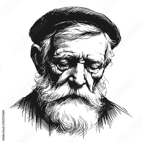 An old man with a tearful gaze sadness old man black and white line art drawing ink sketch sad vector hand drawn illustration background