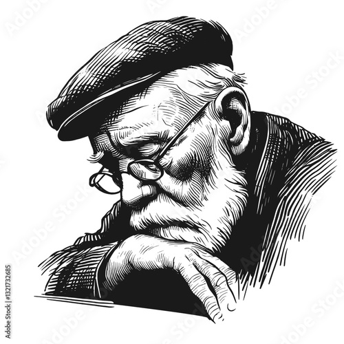 An aged man looking downcast sadness old man black and white line art drawing ink sketch sad vector hand drawn illustration background