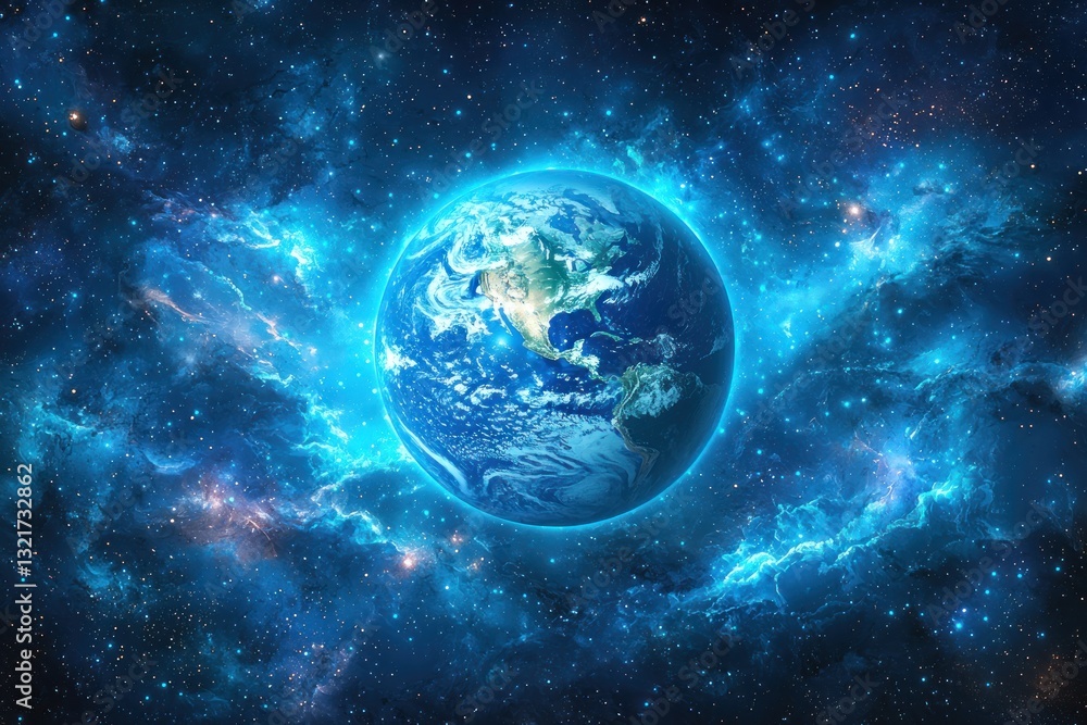 Earth glowing in vibrant nebula. Earth glowing in vibrant nebula.