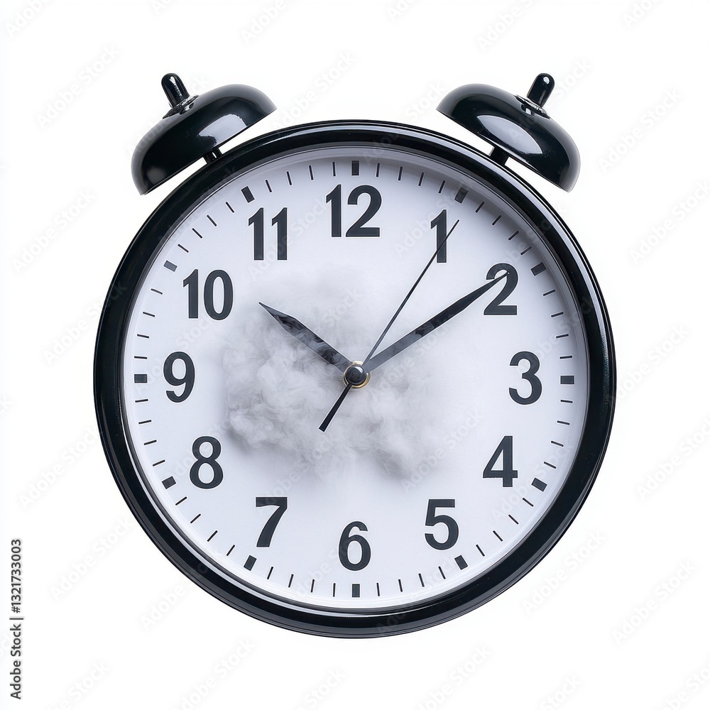Black Alarm Clock with Smoke Effect on White Background Black Alarm Clock with Smoke Effect on White Background