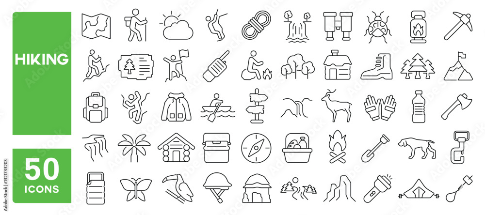 Set of 50 line icons related to hiking, walk, trail, trekking, adventure, camping, activity, hobby, outdoor, nature, campfire, Editable stroke. Vector illustration Set of 50 line icons related to hiking, walk, trail, trekking, adventure, camping, activity, hobby, outdoor, nature, campfire, Editable stroke. Vector illustration