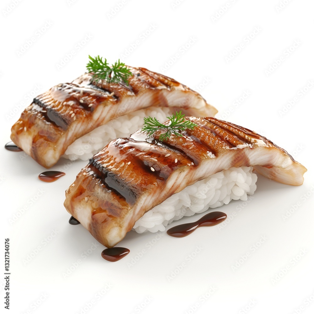 Delicious sushi featuring two pieces of grilled eel on a bed of vinegared rice, garnished with herbs. Delicious sushi featuring two pieces of grilled eel on a bed of vinegared rice, garnished with herbs.