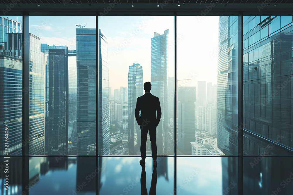 Business man in suit in office looking at modern city with skyscrapers through panoramic window, sunrise Business man in suit in office looking at modern city with skyscrapers through panoramic window, sunrise