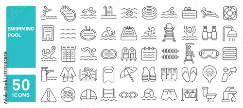 Set of 50 line icons related to swimming pool, pool, swim, pool ladder, sport, swimmer, summer, athletic, water, swimming, Editable stroke. Vector illustration