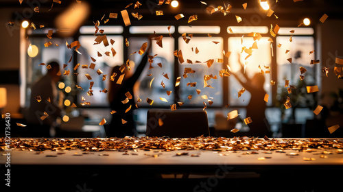 Golden confetti fills air in lively office celebration with blurred figures
