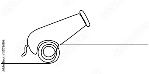 Cannon one line drawing. Cannon continuous line. Army warfare equipment in battlefield one line concept, Single one line drawing of cannon ball weapon with arrow symbol bullet missile. Business.