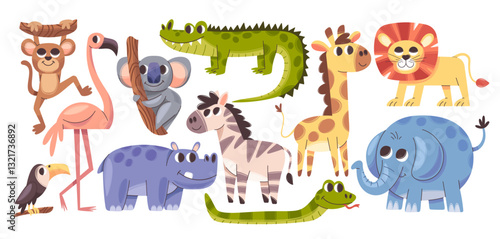 Cute safari animals and birds cartoon baby characters kids nursery design elements isolated set