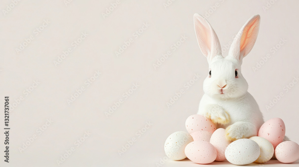 Obraz premium A clean white background with holographic eggs and a charming Easter bunny, leaving ample room for personalized text