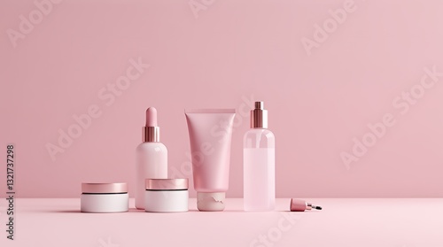 Beauty Essentials: A curated assortment of skincare products, including bottles and jars, embodies elegance and freshness, offering a minimalist display for beauty and self-care.