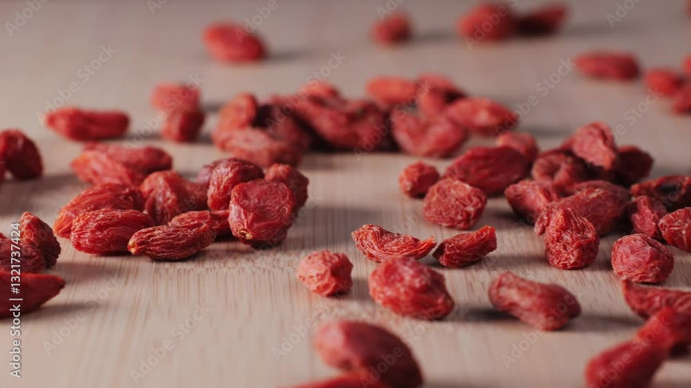 Dried goji berries in bowl and spoon on wooden table, closeup. Space for text Dried goji berries in bowl and spoon on wooden table, closeup. Space for text