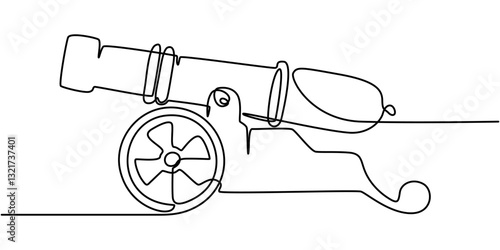 Cannon one line drawing. Cannon continuous line. Army warfare equipment in battlefield one line concept, Single one line drawing of cannon ball weapon with arrow symbol bullet missile. Business.