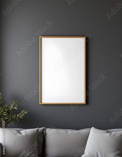 A modern picture frame positioned on a dark silver wall in a living room with a sofa