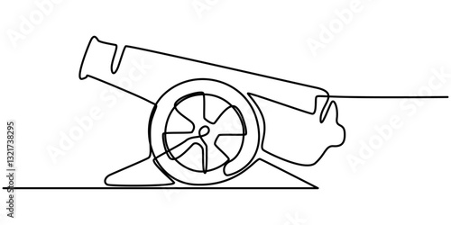 Cannon one line drawing. Cannon continuous line. Army warfare equipment in battlefield one line concept, Single one line drawing of cannon ball weapon with arrow symbol bullet missile. Business.