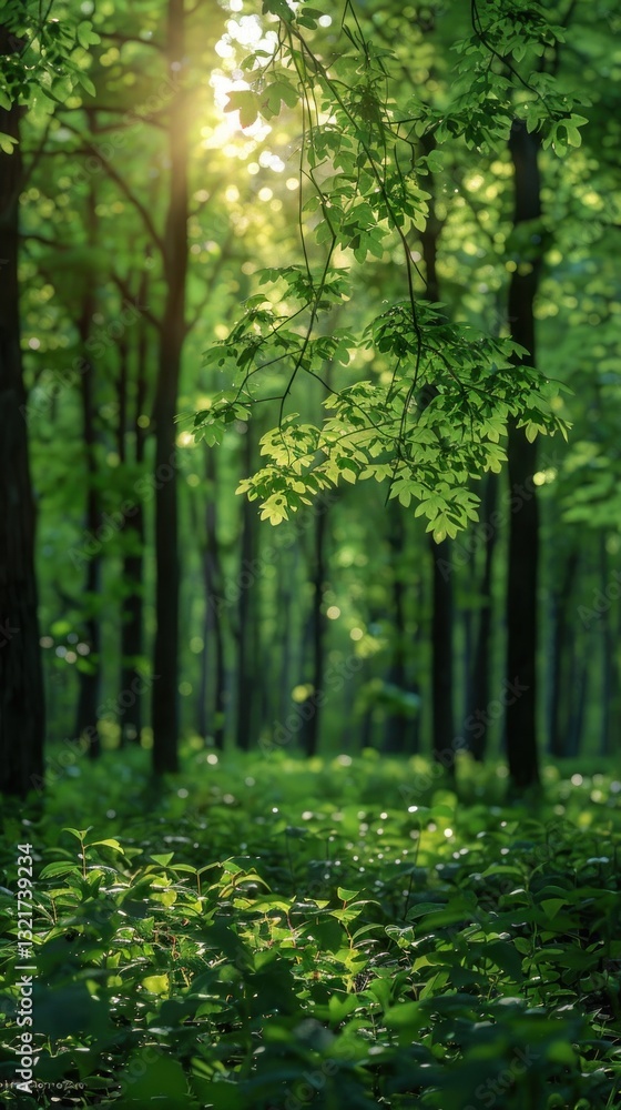 Fototapeta premium Sunlight filtering through forest trees