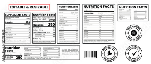 Nutrition facts label and nutritional logo , nutrition fact label ,Supplement facts and vitamin fact template with logo for fda food item.