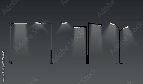 Realistic street lamp. Modern city street lights row for night road or park alley, outdoor streetlight outdoor pole lamps lamppost glow led lantern, set exact vector illustration
