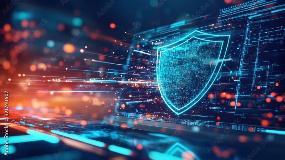 custom made wallpaper toronto digitalA modern cybersecurity insurance concept with a secure shield overlaying a monitor and digital data streams.