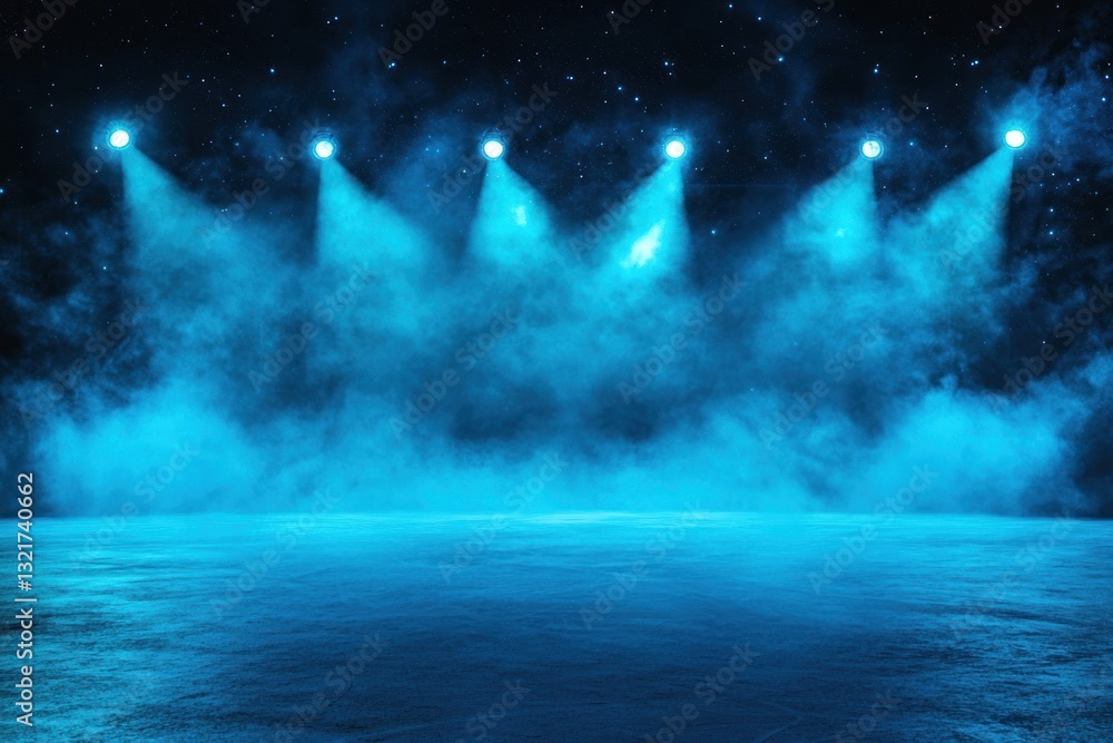Obraz premium Blue stage lights illuminating smoky floor.